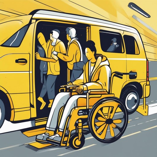 AI generate image showing a yellow mini bus with people on board and a wheelchair user waiting to board the vehicle.