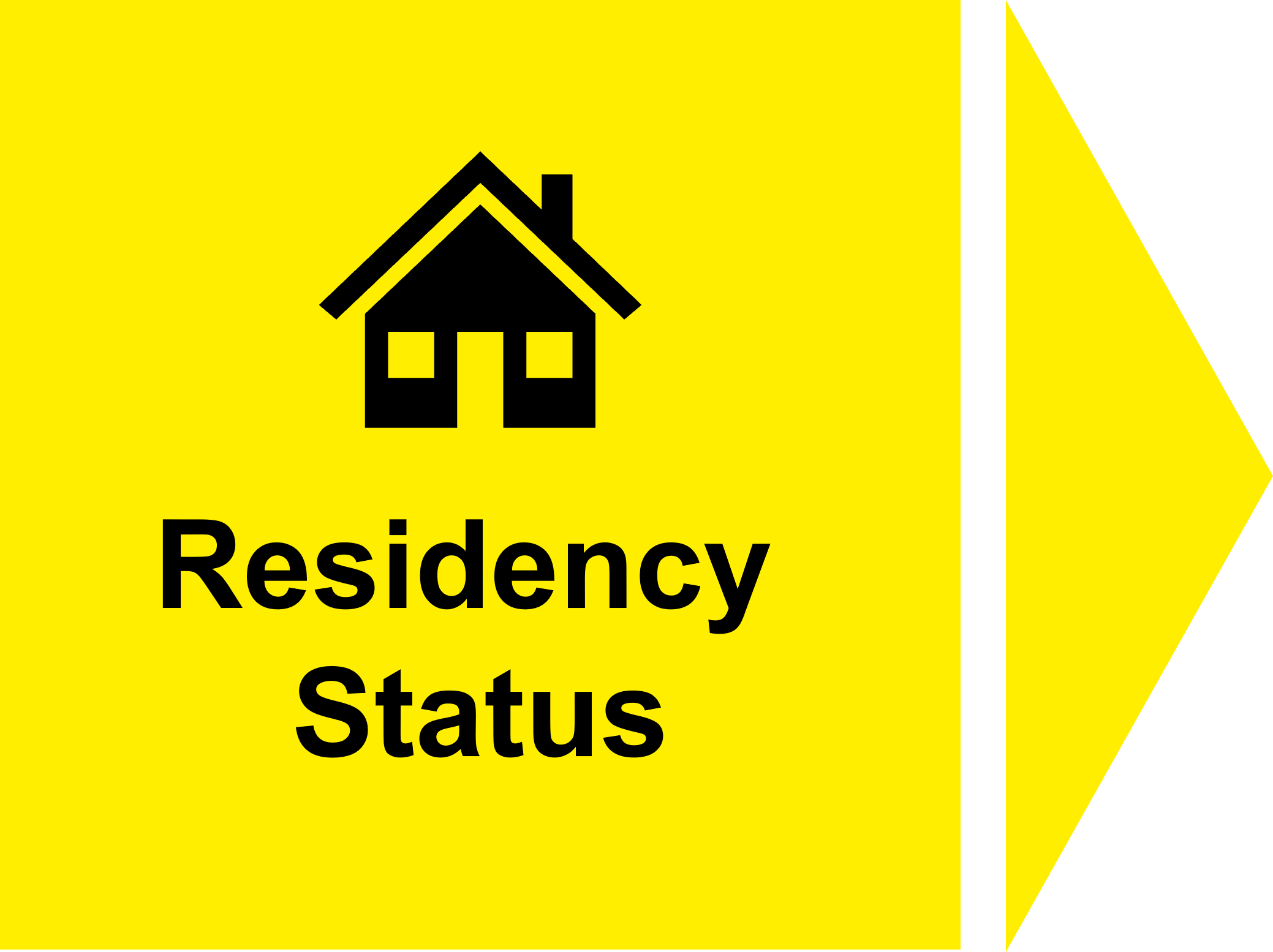 A yellow square with a black icon of a house and the words Residency Status underneath.  To the right of the yellow square is a yellow triangle pointing to the right.